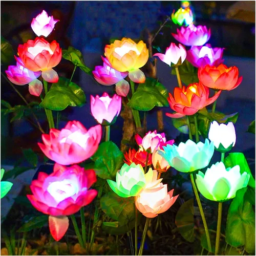 Paquete de 2 luces solares de jardín, luces solares de flores, luces de loto que cambian de 7 colores para patio, decoración de jardín, panel solar