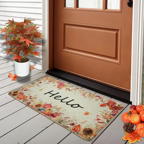Miniatura 2 de Voanos Tapete de puerta con diseño de otoño con diseño de hojas de arce y calabazas, tapete de goma antideslizante para interiores y exteriores, 17
