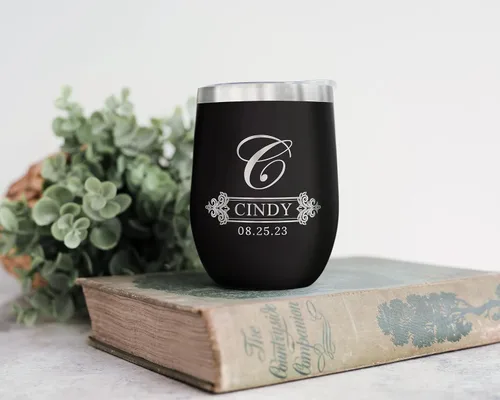 Miniatura 2 de Vaso de vino personalizado con tapa, taza aislada de acero inoxidable grabada personalizada negra para bebidas frías y calientes, regalo