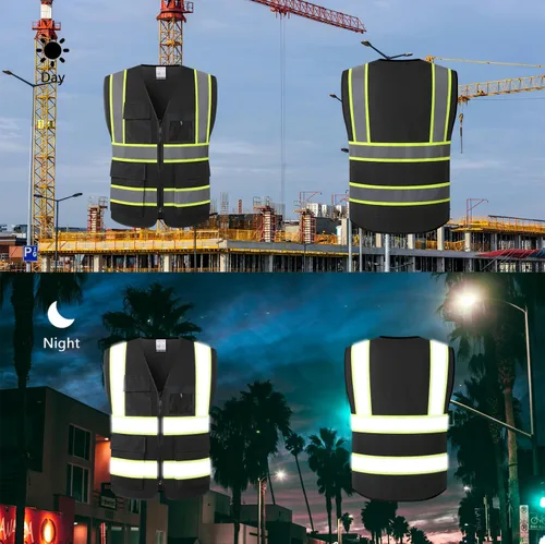Miniatura 4 de Chalecos de seguridad de malla negra reflectante de alta visibilidad con 8 bolsillos y cremallera frontal, chaleco de seguridad de alta visibilidad