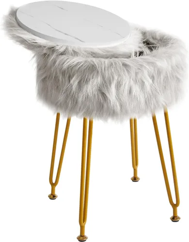 IBUYKE Taburete de Vanidad Redondo de Piel Sintética con Almacenamiento, Silla Otomana de Maquillaje Peluda, Asiento Acolchado Suave, Reposapiés