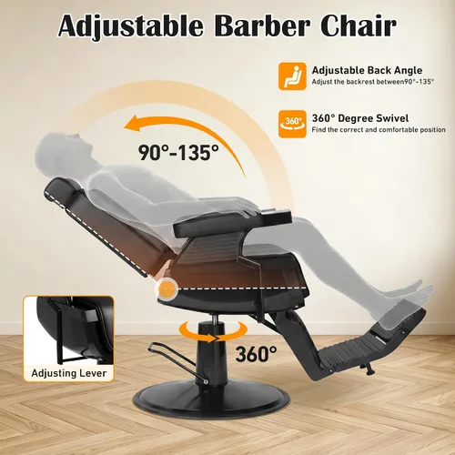 Miniatura 4 de Hydraulic Barber Chair All Black, 550LBS Heavy Duty Barbershop Chair, Adjustable Reclining Salon Chair, Professional Hair Stylist Chair for