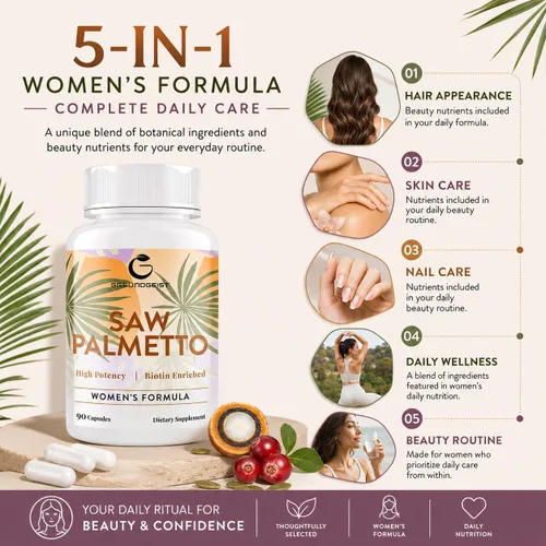 Miniatura 3 de Saw Palmetto para la pérdida de cabello de las mujeres, bloqueador DHT con mezcla 5 en 1 para el crecimiento del cabello, la piel y las uñas