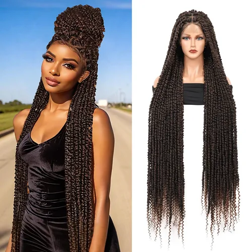 Miniatura 9 de Pelucas trenzadas de imitación sin nudos para mujer, peluca trenzada de encaje frontal, peluca trenzada con cabello de bebé, pelucas trenzadas