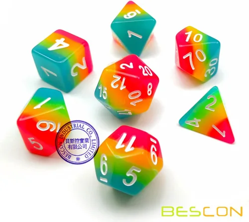 Miniatura 6 de Bescon Fantasía Arco Iris Brillante Dados Poliédricos 7pcs Set Caramelo de Medianoche, Juego de dados RPG Luminoso Resplandor en la oscuridad