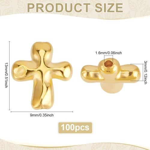 Miniatura 2 de 100 cuentas de cruz de metal dorado de aleación tibetana espaciadoras a granel de 0.551 x 0.492 x 0.157 in para hacer joyas, pulseras de vacaciones