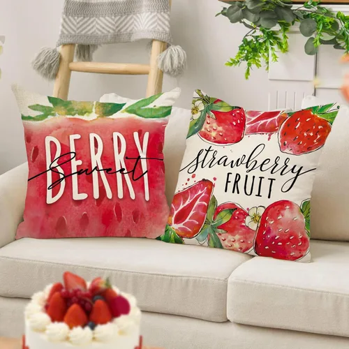 Miniatura 6 de Juego de 4 fundas de almohada decorativas de primavera y verano de fresa de 16 x 16 pulgadas, decoración de fundas de cojín de fruta roja dulce
