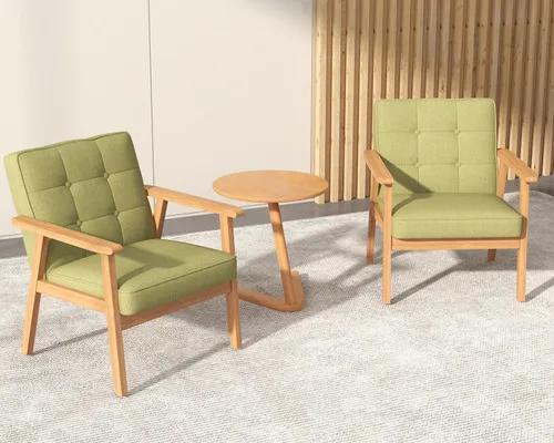 Miniatura 12 de Silla decorativa moderna con reposabrazos, silla de ocio tapizada de tela de lino con botón de respaldo y marco de madera para sala de estar, Beige