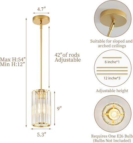 Miniatura 4 de 1 Pack Crystal Pendant Lights Kitchen Island,Modern Gold Pendant Light Fixtures,Adjustable Hanging Lighting for Kitchen Island Dining Room Bar Foyer