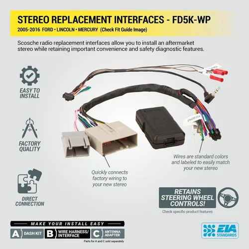 Miniatura 4 de Kit de adaptador de interfaz de reemplazo de estéreo de fábrica Scosche FD5K-WP, compatible con selectos Ford, Lincoln y Mercury de 2005-2016, arnés