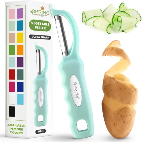Miniatura 29 de Spring Chef Pelador de verduras giratorio profesional rojo para cocina, peladores de papas de acero inoxidable con mango de agarre suave, perfecto