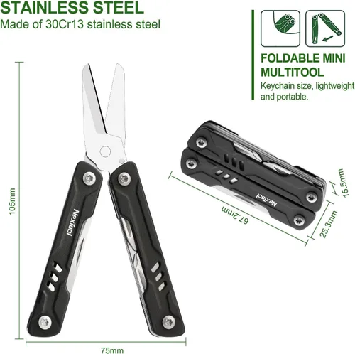 Miniatura 2 de NexTool Llavero multiherramienta, mini tijeras de marinero, mini multiherramienta 10 en 1 con cuchillo de bolsillo EDC, mini alicates, abrebotellas