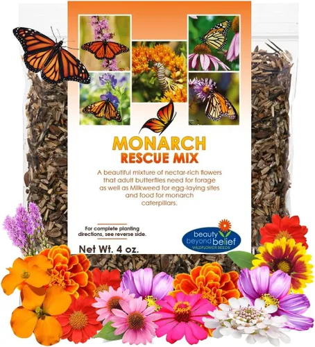 Monarch Butterfly Rescue - Semillas de flores silvestres de 4 onzas, paquete de semillas de flores silvestres de polinización abierta a granel, sin