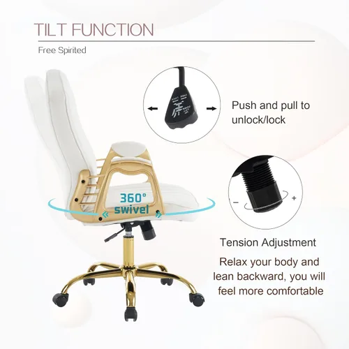 Miniatura 7 de Silla de oficina en casa de terciopelo con brazos y patas dorados, cómoda silla de escritorio giratoria tapizada y capitonada, cómoda con ruedas