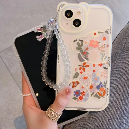 Miniatura 6 de Funda compatible con iPhone 8 Plus, bonito protector de cámara con diseño de oso de flores transparentes con bonita correa y cadena para niñas