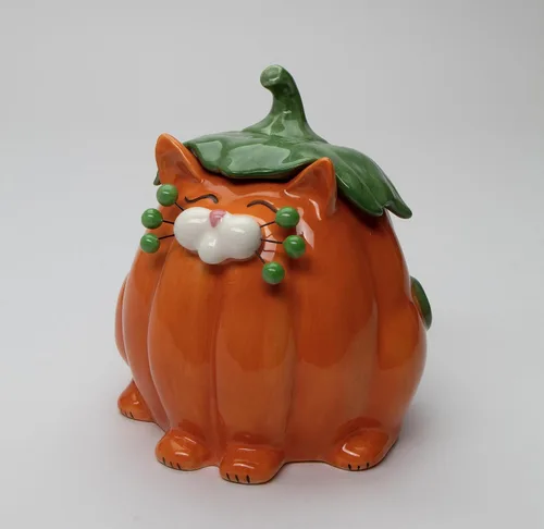 Miniatura 2 de Cosmos Gifts Caja de caramelos con diseño de gato y calabaza de cerámica fina, 14.9 cm H