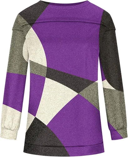 Miniatura 3 de LONGZUVS Long Sleeve Shirts for Womens Causal Loose Pullover Sweatshirt Round Neck Color Blocking Long Sleeve T-Shirts Tops