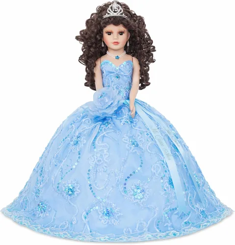 KINNEX COLLECTIONS SINCE 1997 Muñeca de porcelana de 18 pulgadas de paraguas de quinceañera (Quince Años) KK18725-4 (Azul bebé)