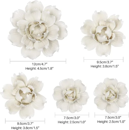 Miniatura 6 de LIUCOGXI 5 piezas de flores de cerámica para decoración de pared hechas a mano 3D colgantes de porcelana, arte de pared, escultura blanca de peonía