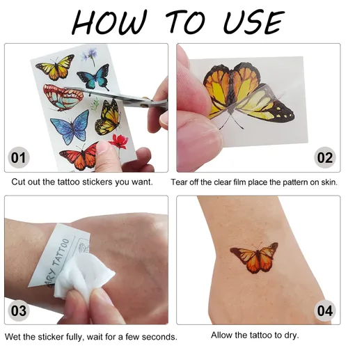 Miniatura 6 de Tatuajes de mariposa para niños y mujeres, 100 calcomanías temporales de mariposa coloridas e impermeables para recuerdos de fiesta, regalos, 100