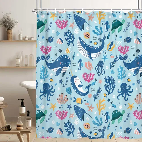 Miniatura 4 de Cortina de ducha náutica para niños, azul bohemio, océano, tiburón, abstracto, dibujos animados, decoración de baño, con cortinas de ducha de tela