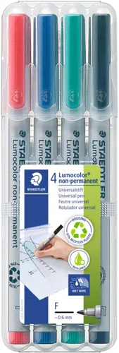 Staedtler Lumograph - Rotuladores no permanentes de borrado en húmedo, marcadores de colores recargables de punta fina, paquete de 4, 315 WP4