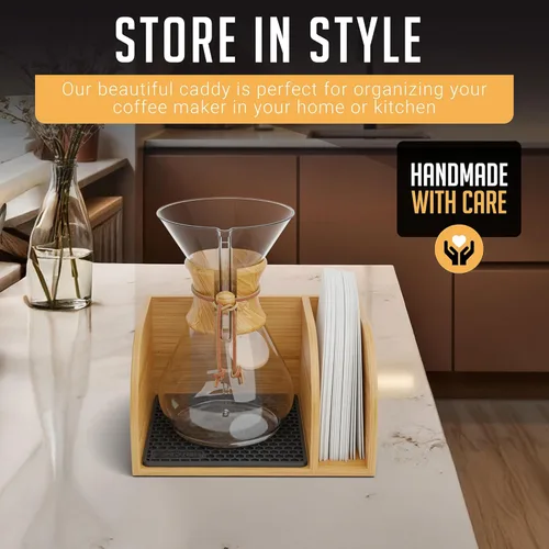 Miniatura 4 de HEXNUB Organizador para cafeteras vertidas, soporte de bambú para jarras Chemex, Bodum, Cosori, alfombrilla resistente al calor, soporte de filtro