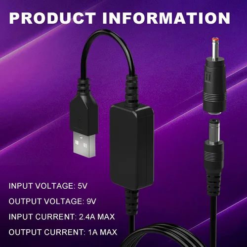 Miniatura 5 de DROK Adaptador USB a 9 V, convertidor de impulso de CC de 5 V a 9 V, 1,5 A, cable USB de 3.6 ft, convertidor elevador con conector CC macho de 0.217