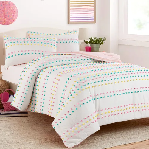 HOMBYS Juego de edredón de ropa de cama con pompones mechudos para niñas, juego de edredón jacquard boho blanco de 3 piezas para niños para todas
