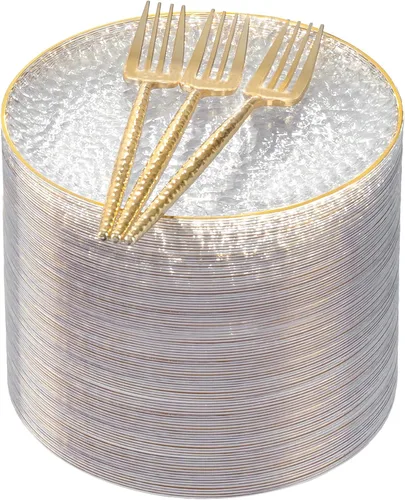 Miniatura 11 de Rubtlamp 200 piezas de platos de postre dorados transparentes con tenedores de plástico dorados, 100 piezas de platos de 7.5 pulgadas para Claro
