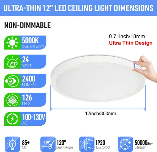 Miniatura 2 de SunRider Lámpara de Techo LED de Montaje Empotrado, 6000K Blanco Frío, 2400LM, 30 cm 24W Luces Planas Redondas Modernas, Lámpara de Panel