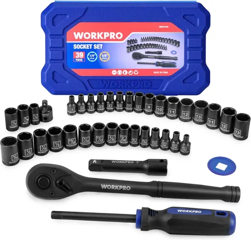 Miniatura 10 de WORKPRO Juego de 39 piezas de llaves métricas e imperiales CR-V con llave de trinquete de liberación rápida, juego de enchufes compactos