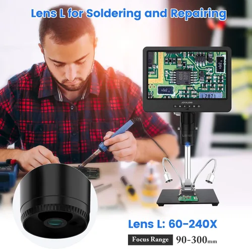 Miniatura 5 de JL249MS Microscopio digital HDMI de 3 lentes de 10.1 pulgadas 2000X, cámara de microscopio de soldadura con soporte de brazo de pluma, video UHD