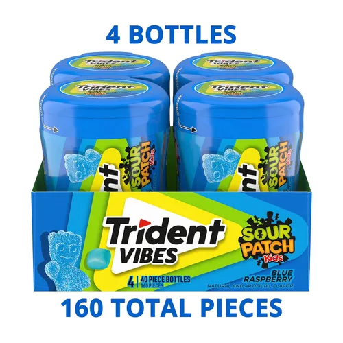 Miniatura 4 de Trident Vibes SOUR PATCH KIDS - Goma de mascar sin azúcar de frambuesa azul, 4 botellas de 40 piezas (160 piezas en total)