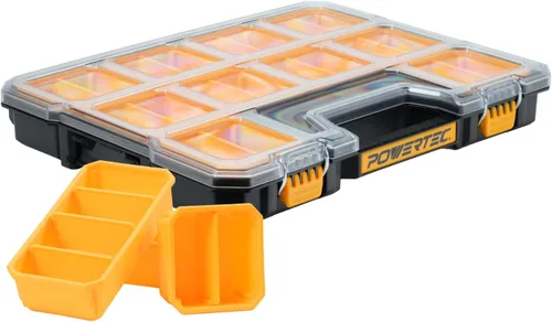 Miniatura 17 de POWERTEC Caja organizadora de herramientas apilable con separadores extraíbles, 17 compartimentos, entrelazado, diseño portátil, paquete de 2 Caja
