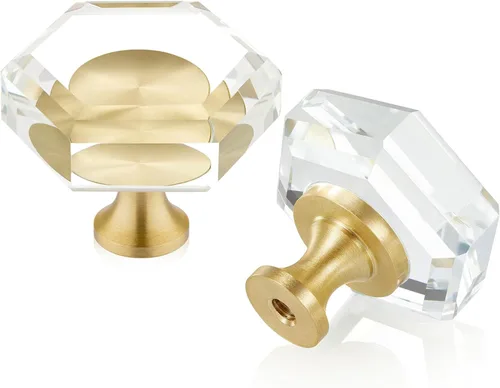Miniatura 10 de QOGRISUN Paquete de 2 pomos de gabinete de cristal de latón, pomos de cajón dorados de cristal de cristal, polígono de 1-1/4 pulgadas, tiradores