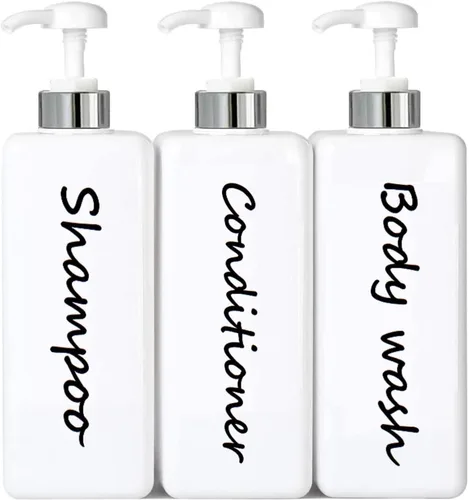 Miniatura 9 de Dispensador de champú y acondicionador (juego de 3, 21 onzas), moderno y recargable, para jabón de ducha, dispensador de gel corporal vacío para baño