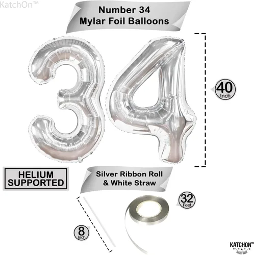 Miniatura 4 de KatchOn Juego de globos gigantes del número 34, 40 pulgadas, globos de cumpleaños número 34, decoraciones de cumpleaños de 34 años, decoraciones