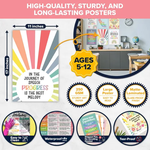 Miniatura 5 de Decorably 16 carteles de terapia del habla para aula, 11 x 17 pulgadas, decoración escolar educativa laminada mate – pasillos, tablones de anuncios