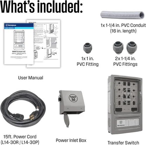 Miniatura 2 de Westinghouse - Kit de interruptor de transferencia de 30 amperios con 8 circuitos, compatible con generadores de hasta 7500 vatios