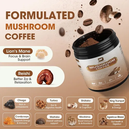 Miniatura 3 de B BEWORTHS Café en polvo de hongos con aceite MCT, 10 hongos melena de león, cola de pavo, reishi, cordyceps y chaga - Café instantáneo de hongos