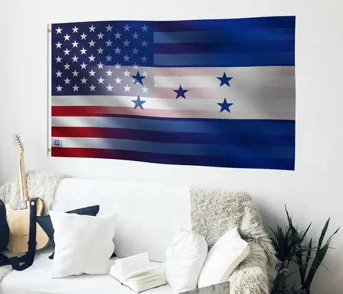 Miniatura 4 de Bandera híbrida estadounidense hondureña de 3 x 5 pies: pancarta 100% poliéster, ojales de latón y cabecera de lona fuerte, para uso en exteriores