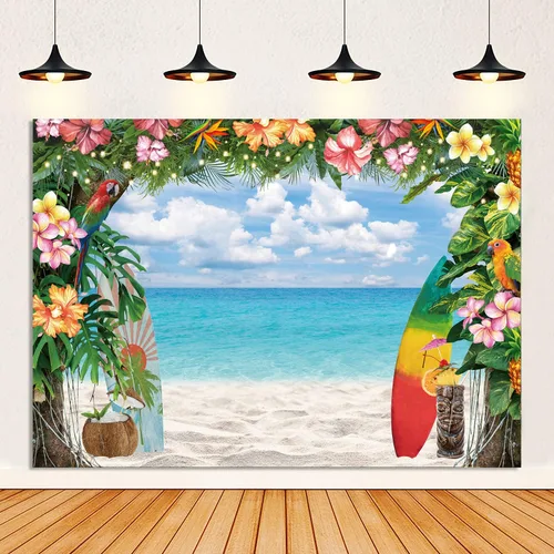Fondo de playa hawaiana para verano, flores tropicales, fondo de fotografía Luau, tabla de surf, cielo azul, hojas de palma, Aloha, decoraciones