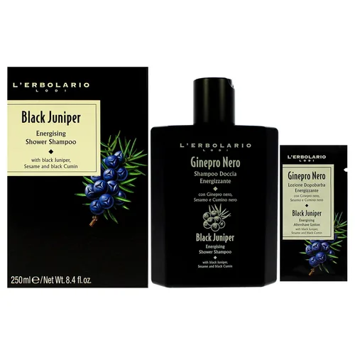 L'Erbolario Champú de ducha energizante Black Juniper - Champú hidratante 2 en 1 y limpiador corporal - Purificador con comino negro - 8.4 oz