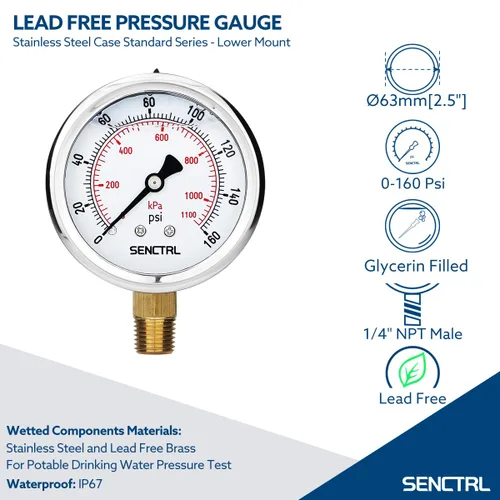 Miniatura 2 de SENCTRL Medidor de baja presión relleno de líquido de glicerina libre de plomo de 160 Psi, tamaño de esfera de 2.5", montaje inferior NPT de 1/4