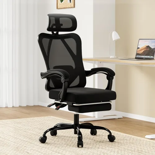 Miniatura 3 de Farini Silla de oficina con reposapiés, silla de oficina ergonómica de malla con reposacabezas, silla de escritorio de respaldo alto con soporte