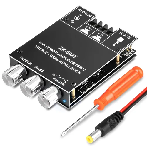 Miniatura 11 de Daakro ZK-1002T Placa amplificadora Bluetooth, placa amplificadora de 100W+100W de 2.0 canales con control de agudos/graves, DC 12-24V, entradas