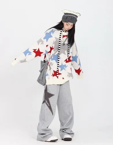 Miniatura 5 de Pooyikoi Pantalones deportivos para mujer, con cordón elástico, cintura elástica, holgados, pierna ancha, pantalones con estampado de estrellas Y2K