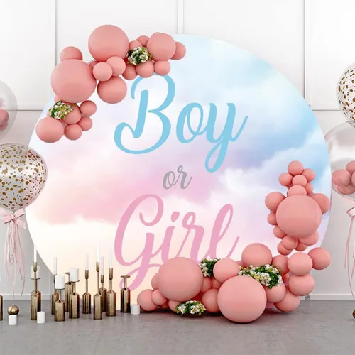 YongFoto Telón de fondo redondo de revelación de género para niño o niña, de 3 x 3 pies, nubes azules y rosadas, para baby shower, fondo para