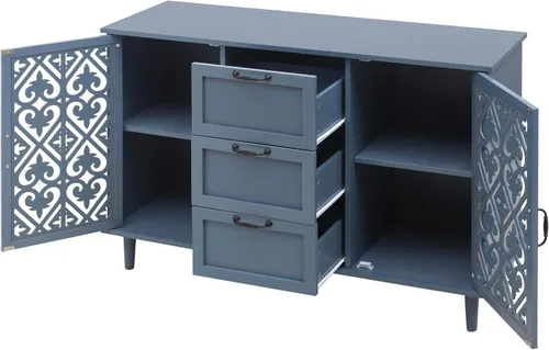 Miniatura 4 de LUMISOL Aparador de buffet, armario de almacenamiento de madera maciza con 2 puertas y 3 cajones, mesa consola retro con almacenamiento para Azul